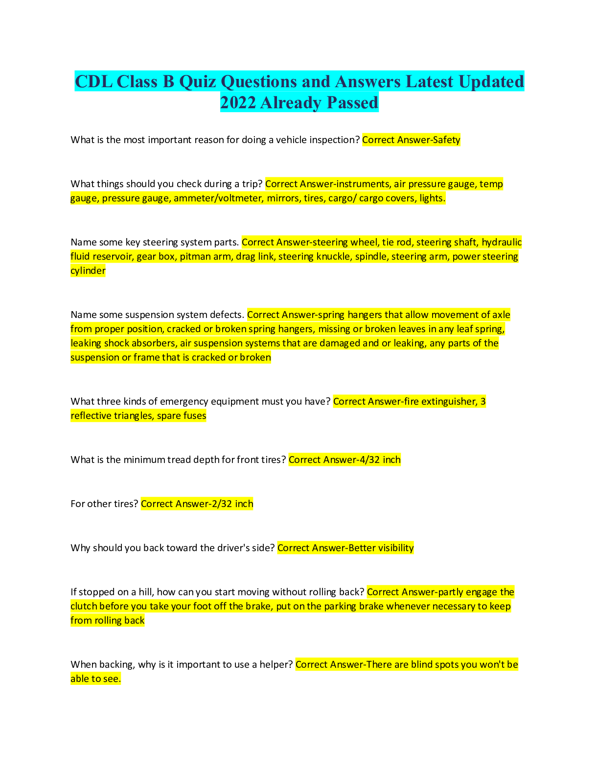 CDL Class B Quiz Questions and Answers Latest Updated 2022 Already